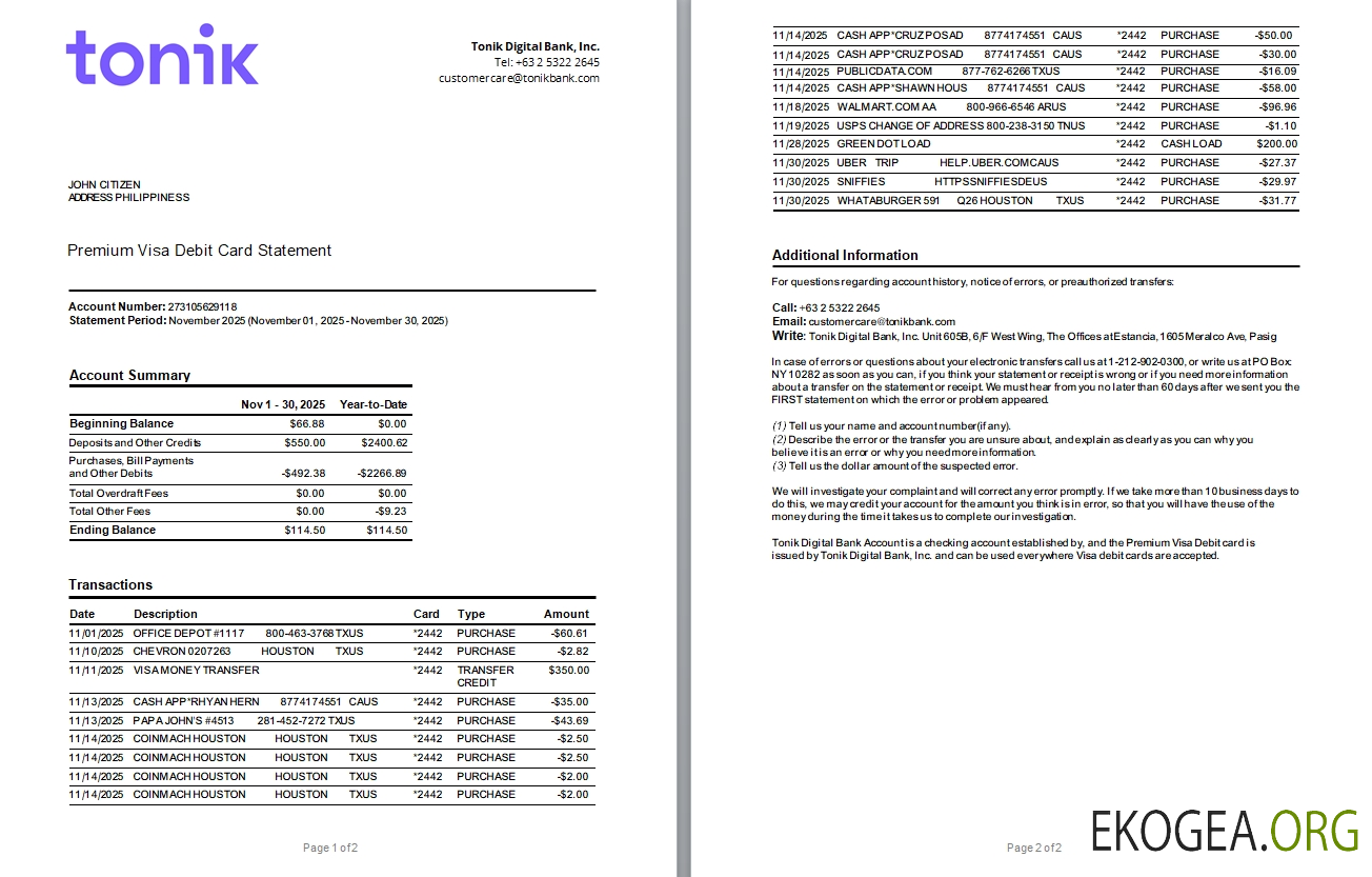 Philippines Tonik Bank Relevé de carte de débit Visa Premium Modèle Word et PDF scr, 2 pages